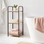 Étagère de rangement étroite pour salle de bain en métal noir et MDF - Finition poudrée, étagères fixes, résistante à la rouille