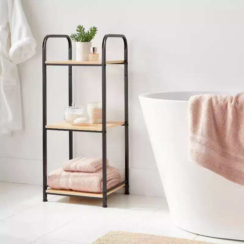 Étagère de rangement étroite pour salle de bain en métal noir et MDF - Finition poudrée, étagères fixes, résistante à la rouille