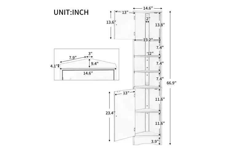 Meuble d'angle vertical multifonctionnel, Armoire de rangement haute de salle de bain avec deux portes et étagères réglables