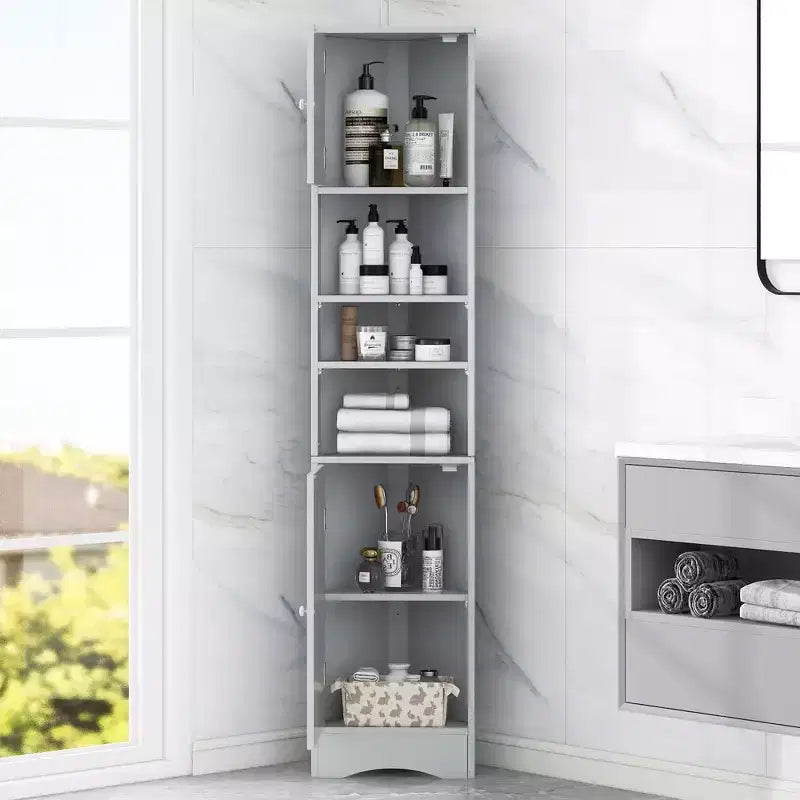 Meuble d'angle vertical multifonctionnel, Armoire de rangement haute de salle de bain avec deux portes et étagères réglables