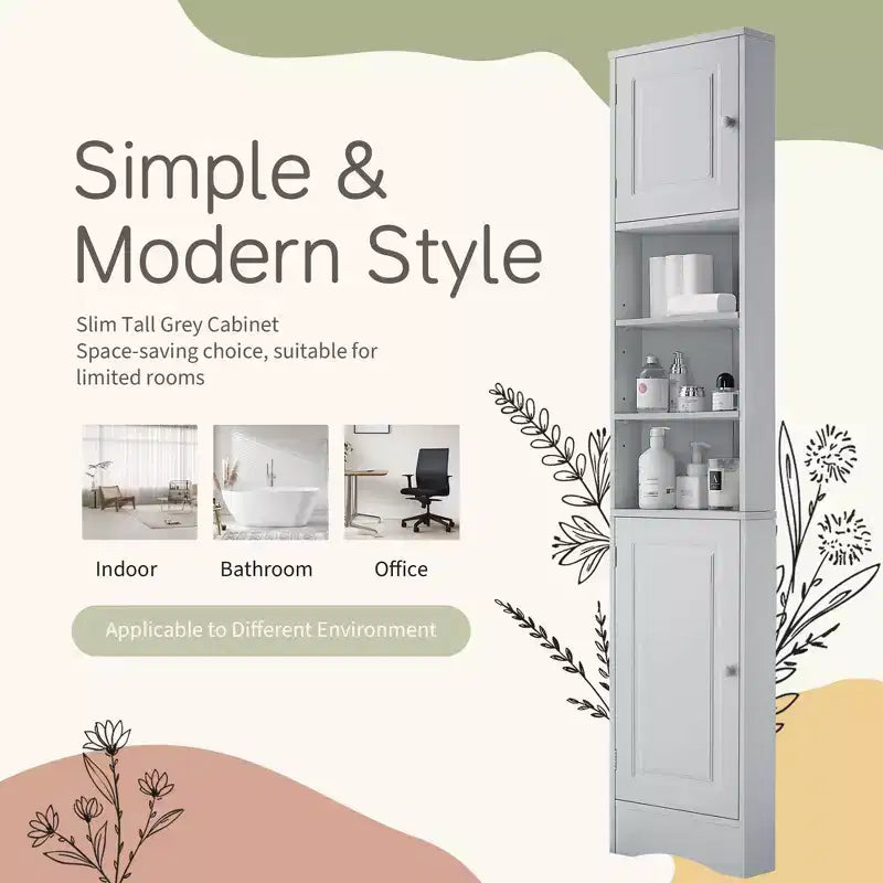 Meuble d'angle vertical multifonctionnel, Armoire de rangement haute de salle de bain avec deux portes et étagères réglables