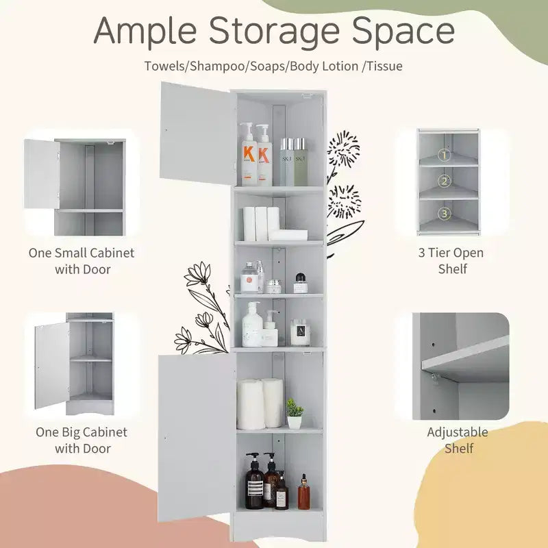 Meuble d'angle vertical multifonctionnel, Armoire de rangement haute de salle de bain avec deux portes et étagères réglables