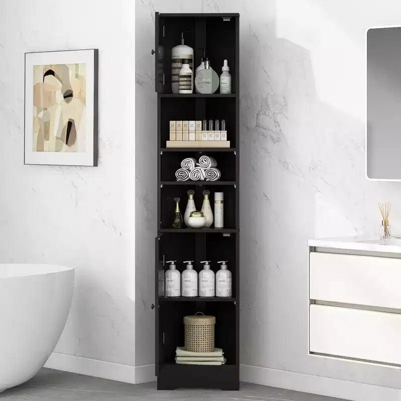 Meuble d'angle vertical multifonctionnel, Armoire de rangement haute de salle de bain avec deux portes et étagères réglables