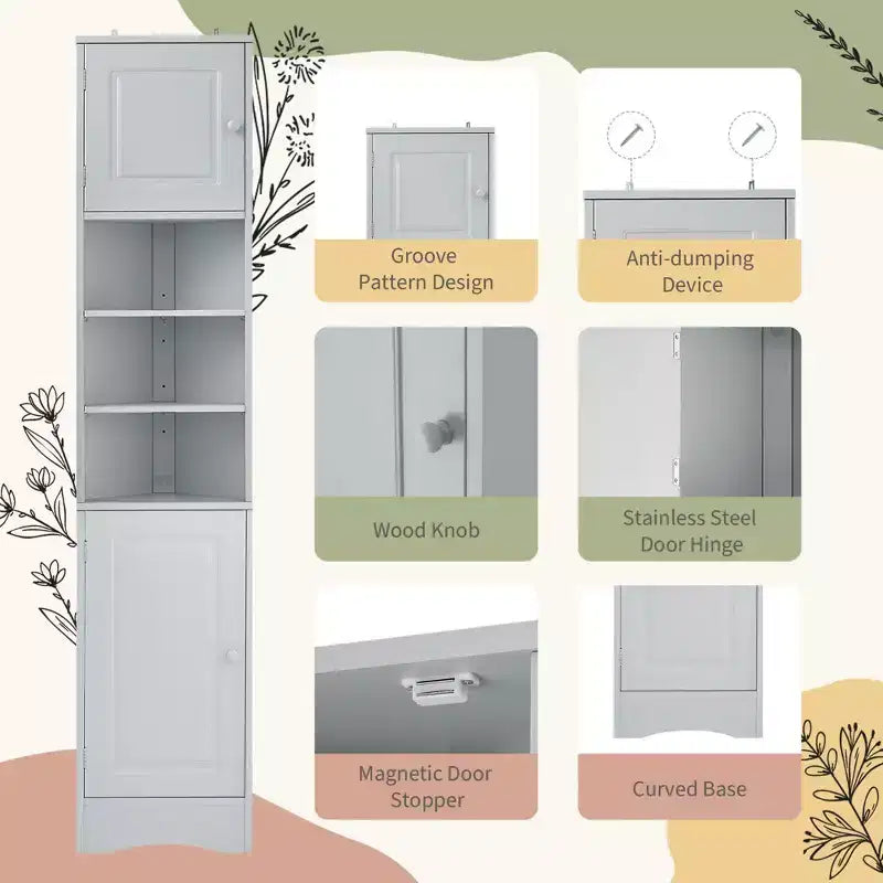 Meuble d'angle vertical multifonctionnel, Armoire de rangement haute de salle de bain avec deux portes et étagères réglables