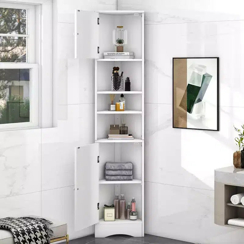Meuble d'angle vertical multifonctionnel, Armoire de rangement haute de salle de bain avec deux portes et étagères réglables