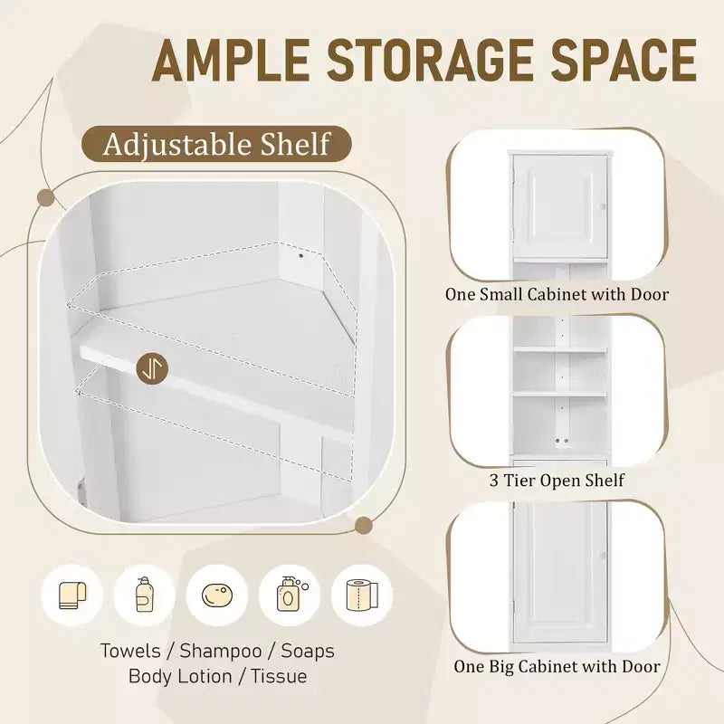Meuble d'angle vertical multifonctionnel, Armoire de rangement haute de salle de bain avec deux portes et étagères réglables