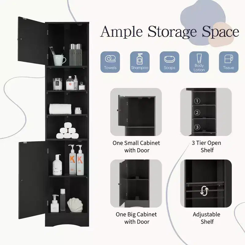 Meuble d'angle vertical multifonctionnel, Armoire de rangement haute de salle de bain avec deux portes et étagères réglables