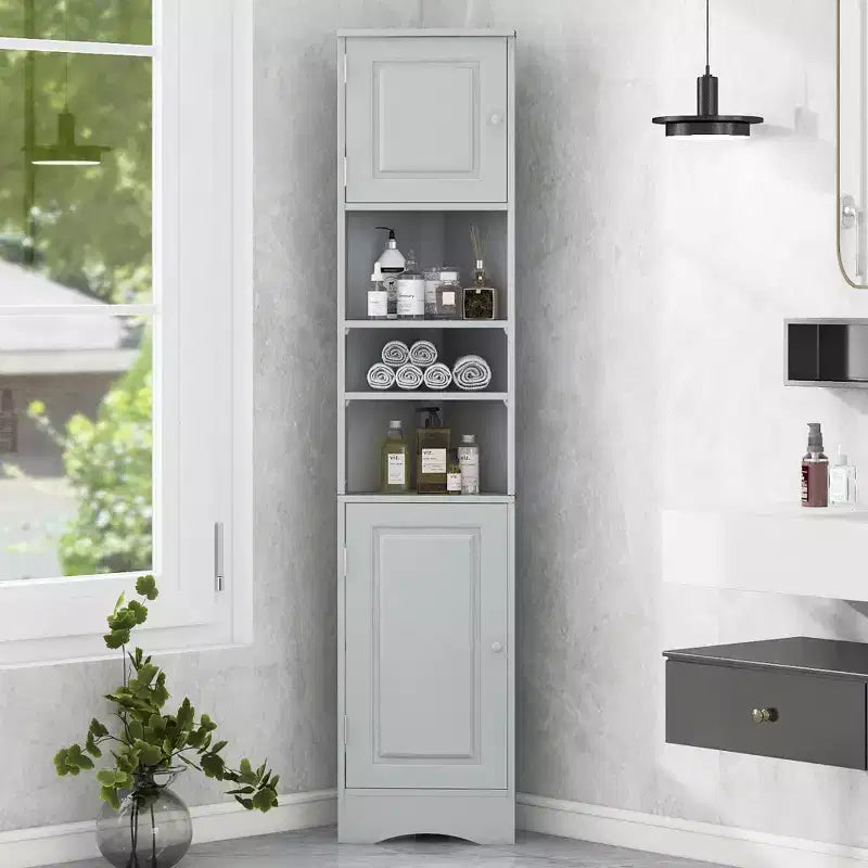 Meuble d'angle vertical multifonctionnel, Armoire de rangement haute de salle de bain avec deux portes et étagères réglables