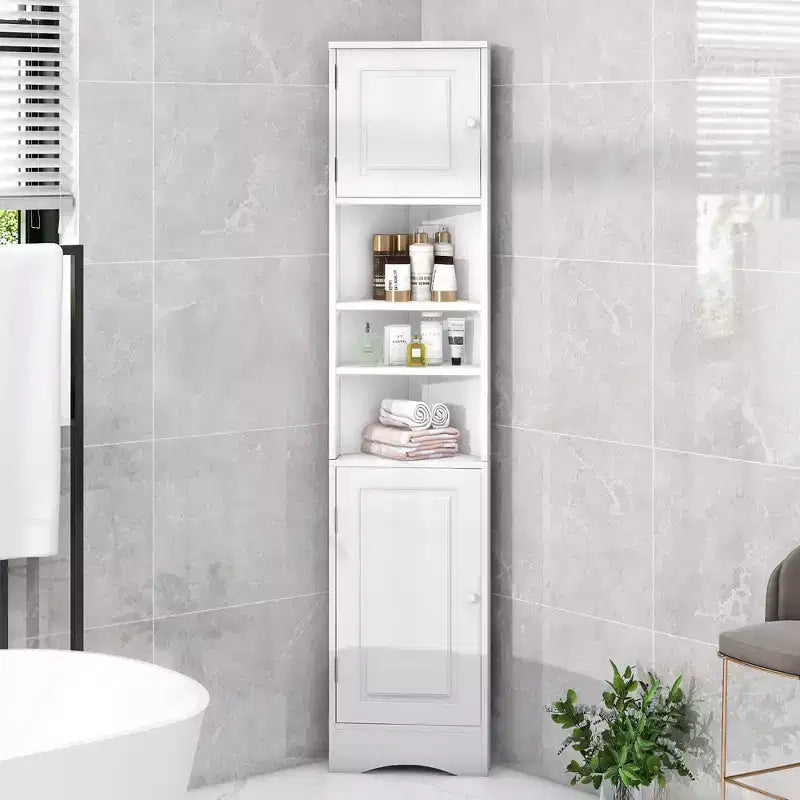 Meuble d'angle vertical multifonctionnel, Armoire de rangement haute de salle de bain avec deux portes et étagères réglables