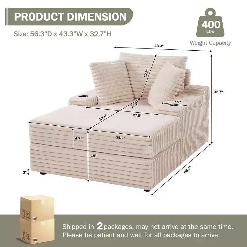 Chaise longue d'intérieur avec pouf de rangement, canapé-lit en velours côtelé rembourré Cloud avec 3 oreillers pour salon, chambre à coucher (beige)