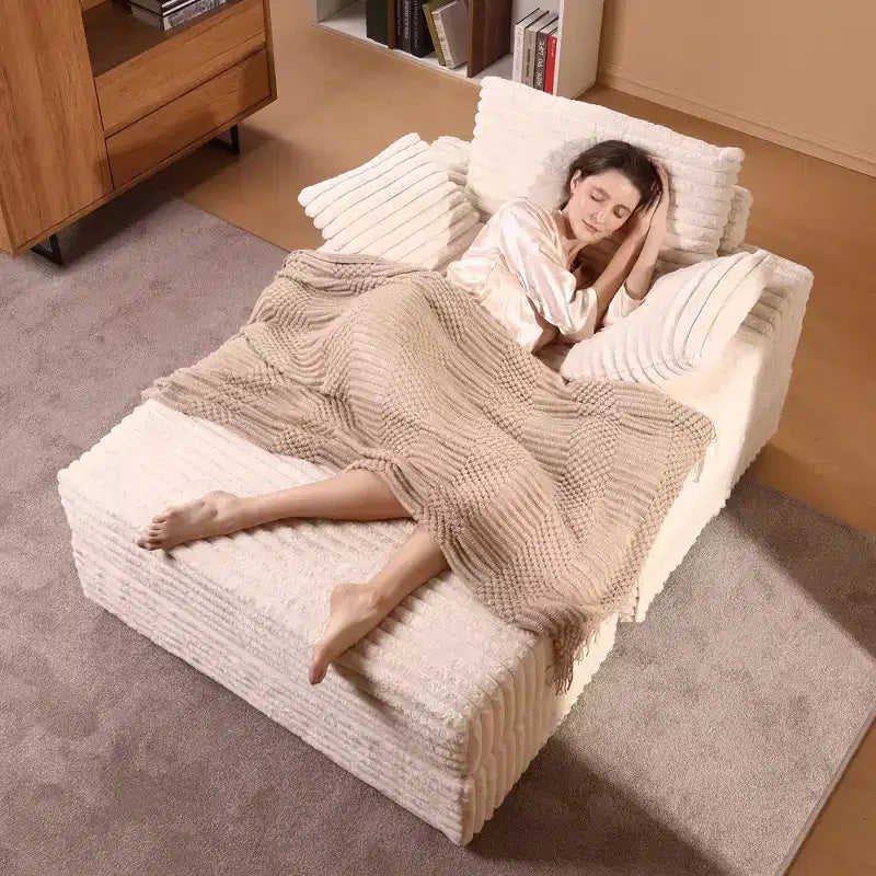 Chaise longue d'intérieur avec pouf de rangement, canapé-lit en velours côtelé rembourré Cloud avec 3 oreillers pour salon, chambre à coucher (beige)