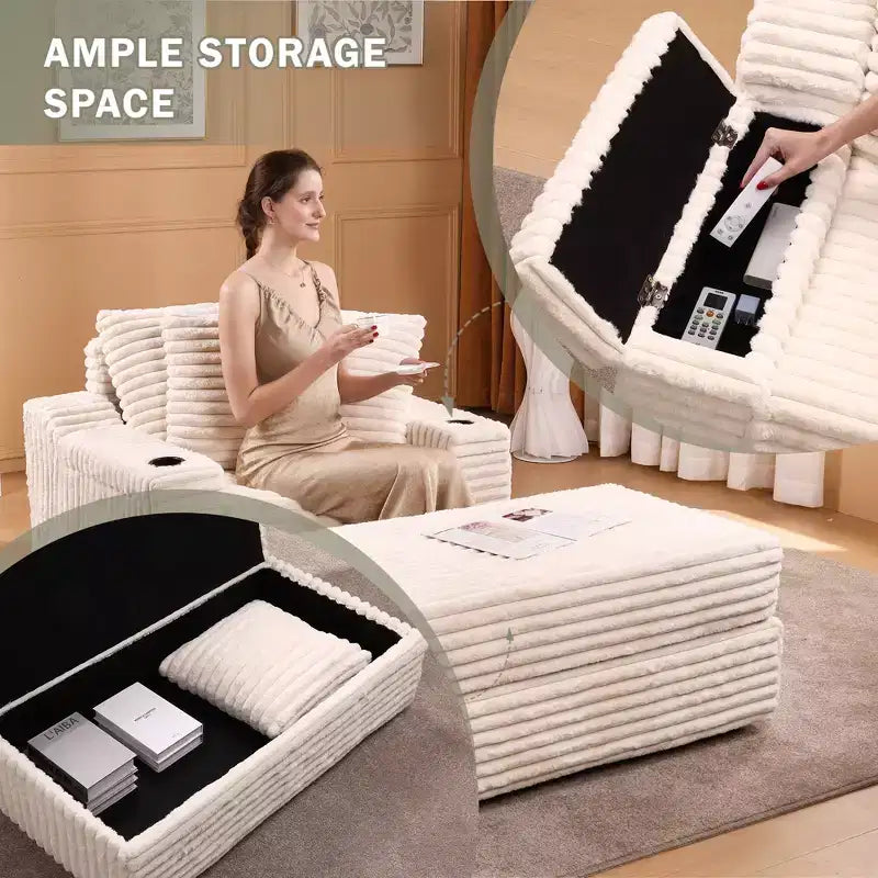 Chaise longue d'intérieur avec pouf de rangement, canapé-lit en velours côtelé rembourré Cloud avec 3 oreillers pour salon, chambre à coucher (beige)
