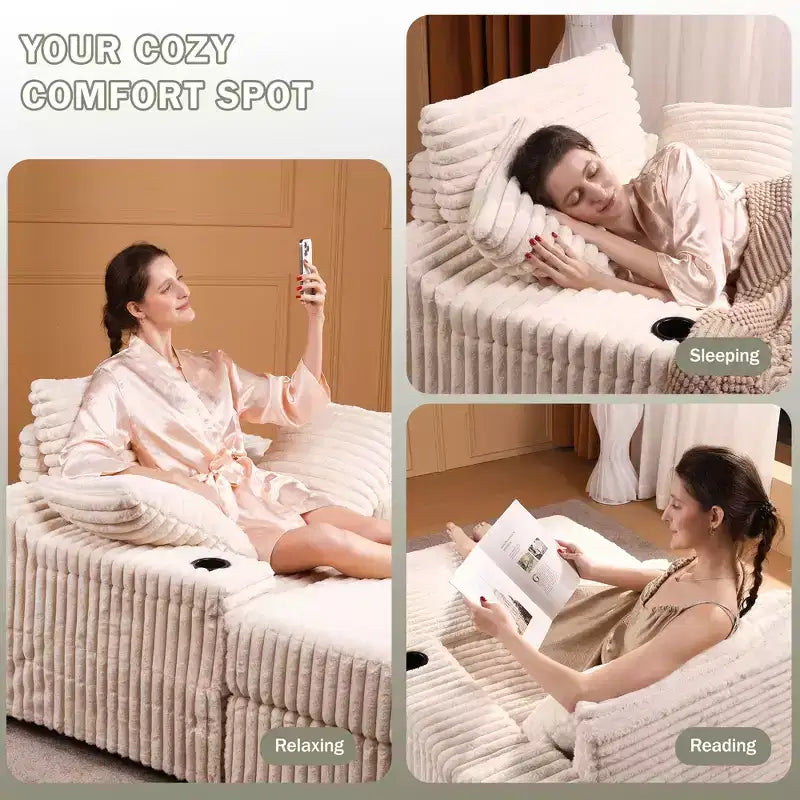 Chaise longue d'intérieur avec pouf de rangement, canapé-lit en velours côtelé rembourré Cloud avec 3 oreillers pour salon, chambre à coucher (beige)