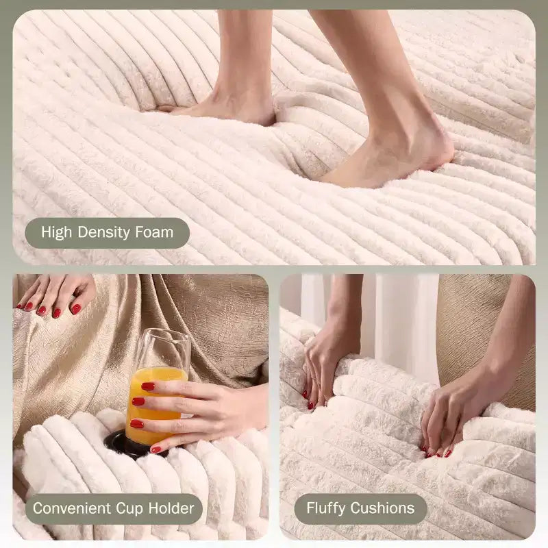 Chaise longue d'intérieur avec pouf de rangement, canapé-lit en velours côtelé rembourré Cloud avec 3 oreillers pour salon, chambre à coucher (beige)