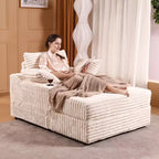 Chaise longue d'intérieur avec pouf de rangement, canapé-lit en velours côtelé rembourré Cloud avec 3 oreillers pour salon, chambre à coucher (beige)