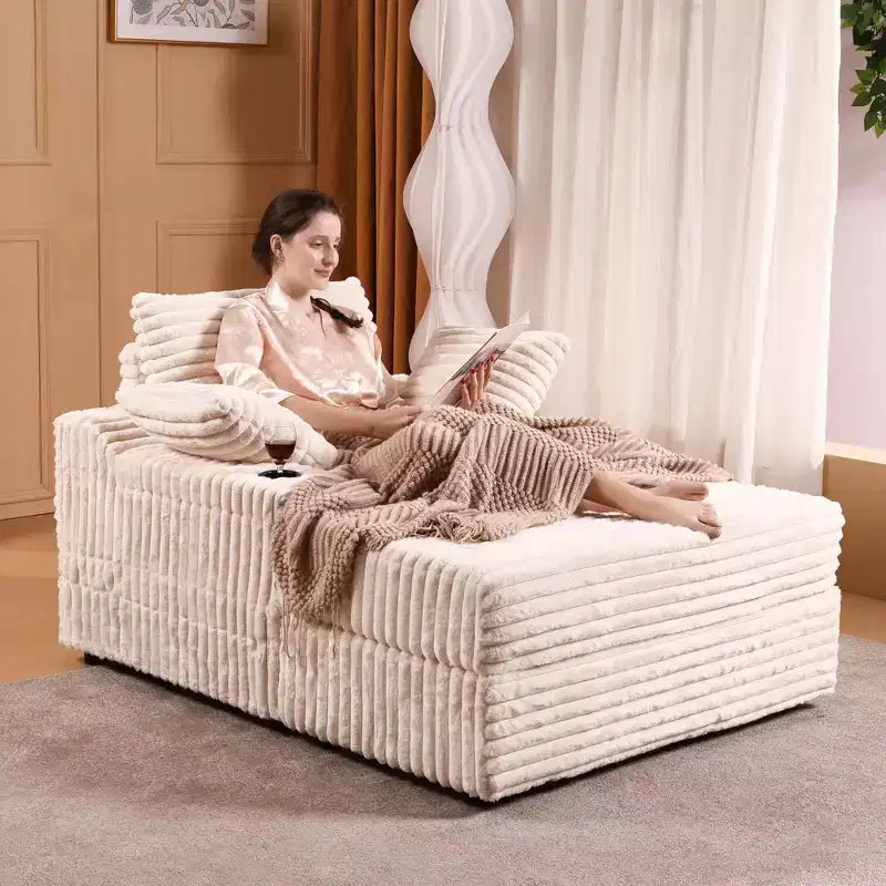 Chaise longue d'intérieur avec pouf de rangement, canapé-lit en velours côtelé rembourré Cloud avec 3 oreillers pour salon, chambre à coucher (beige)
