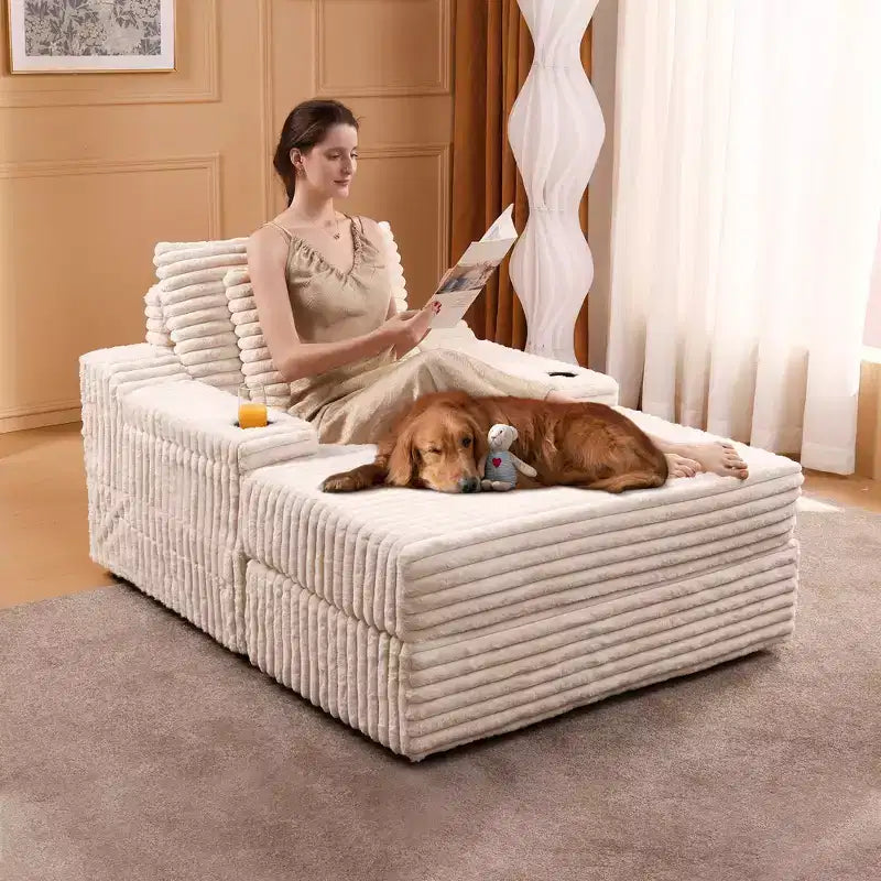Chaise longue d'intérieur avec pouf de rangement, canapé-lit en velours côtelé rembourré Cloud avec 3 oreillers pour salon, chambre à coucher (beige)