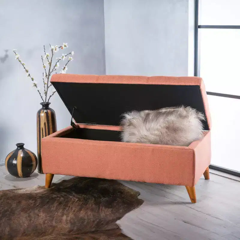 Banc de rangement capitonné en tissu, style Mid-Century Modern