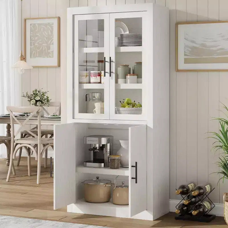 All-Wood Kitchen Pantry Cabinet with 4 Magnetic Doors, Farmhouse Style Freestanding Food Storage Cupboard, Adjustable Shelves, Large Capacity