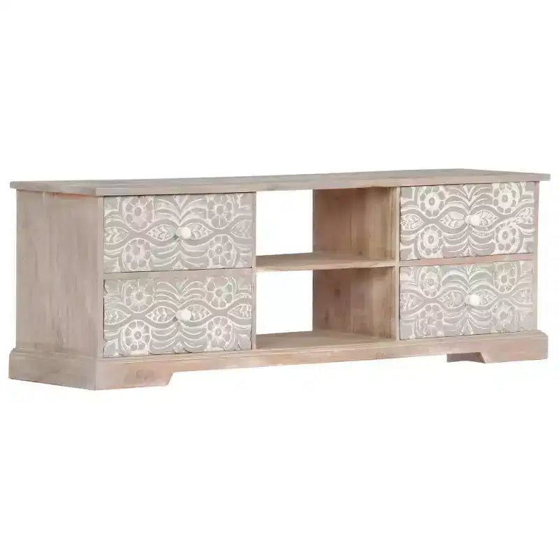 Meuble TV blanc et gris en bois d'acacia massif avec motifs sculptés à la main, 6 compartiments de rangement