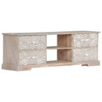 Meuble TV blanc et gris en bois d'acacia massif avec motifs sculptés à la main, 6 compartiments de rangement
