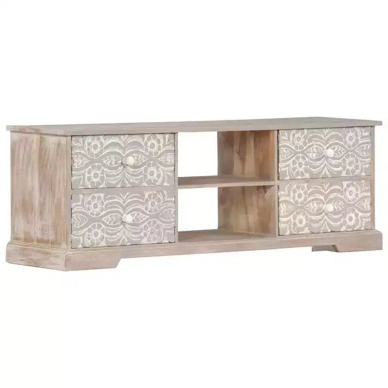 Meuble TV blanc et gris en bois d'acacia massif avec motifs sculptés à la main, 6 compartiments de rangement