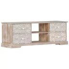 Meuble TV blanc et gris en bois d'acacia massif avec motifs sculptés à la main, 6 compartiments de rangement