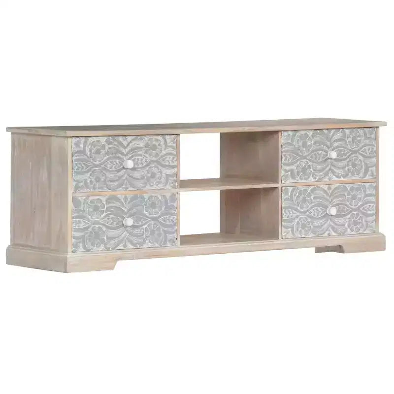 Meuble TV blanc et gris en bois d'acacia massif avec motifs sculptés à la main, 6 compartiments de rangement