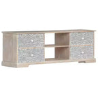 Meuble TV blanc et gris en bois d'acacia massif avec motifs sculptés à la main, 6 compartiments de rangement