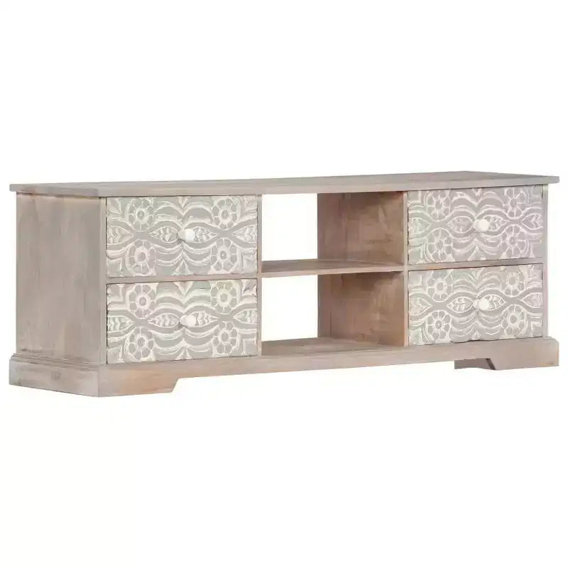 Meuble TV blanc et gris en bois d'acacia massif avec motifs sculptés à la main, 6 compartiments de rangement