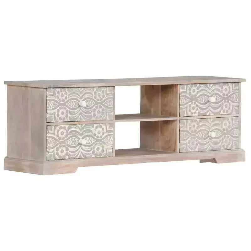 Meuble TV blanc et gris en bois d'acacia massif avec motifs sculptés à la main, 6 compartiments de rangement