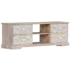 Meuble TV blanc et gris en bois d'acacia massif avec motifs sculptés à la main, 6 compartiments de rangement