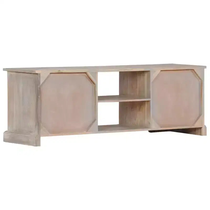 Meuble TV blanc et gris en bois d'acacia massif avec motifs sculptés à la main, 6 compartiments de rangement