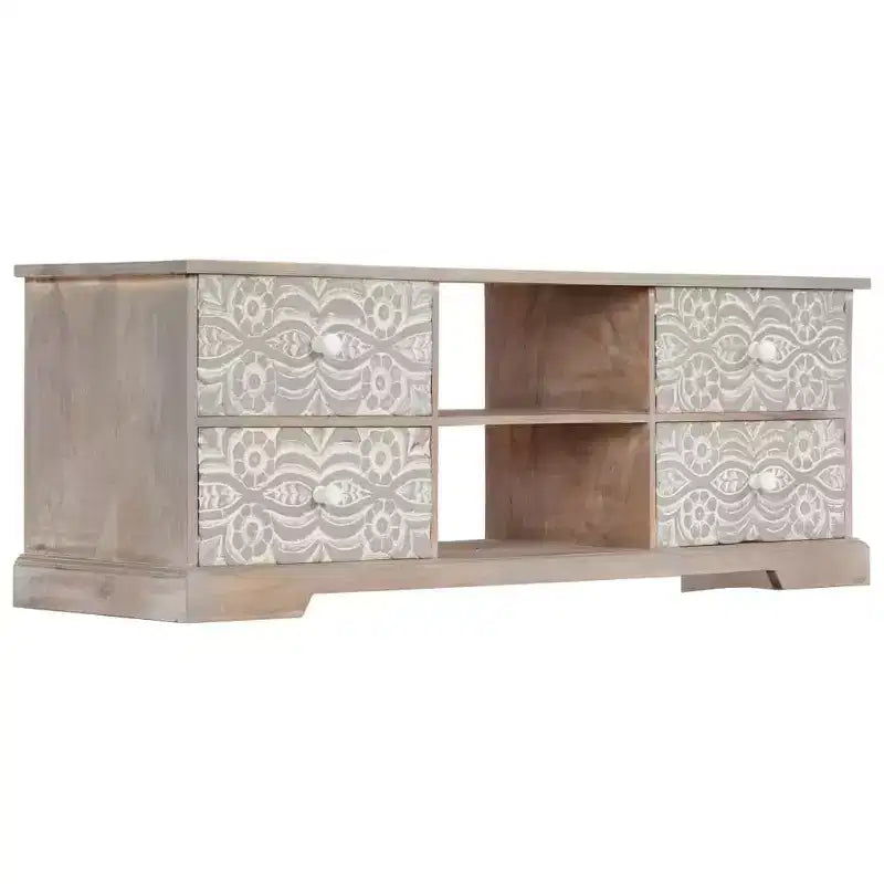 Meuble TV blanc et gris en bois d'acacia massif avec motifs sculptés à la main, 6 compartiments de rangement