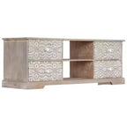 Meuble TV blanc et gris en bois d'acacia massif avec motifs sculptés à la main, 6 compartiments de rangement