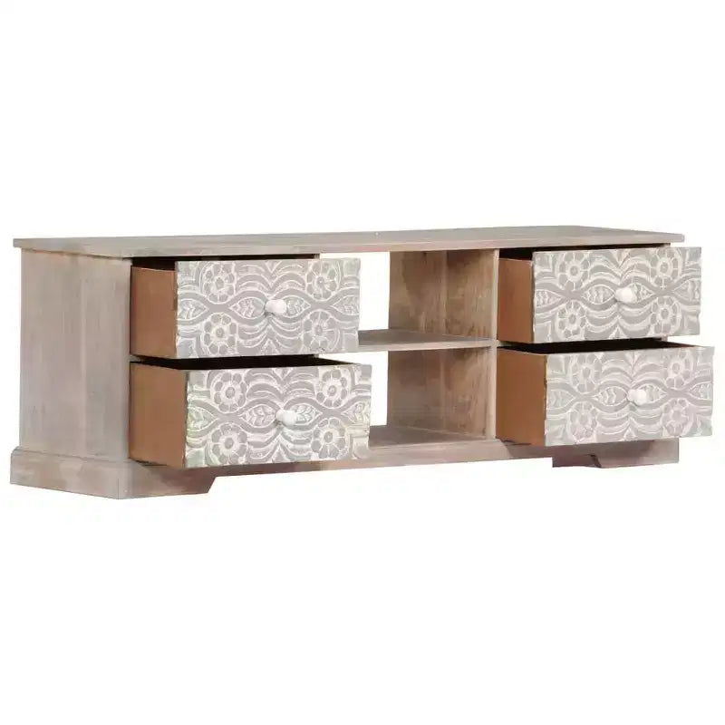 Meuble TV blanc et gris en bois d'acacia massif avec motifs sculptés à la main, 6 compartiments de rangement