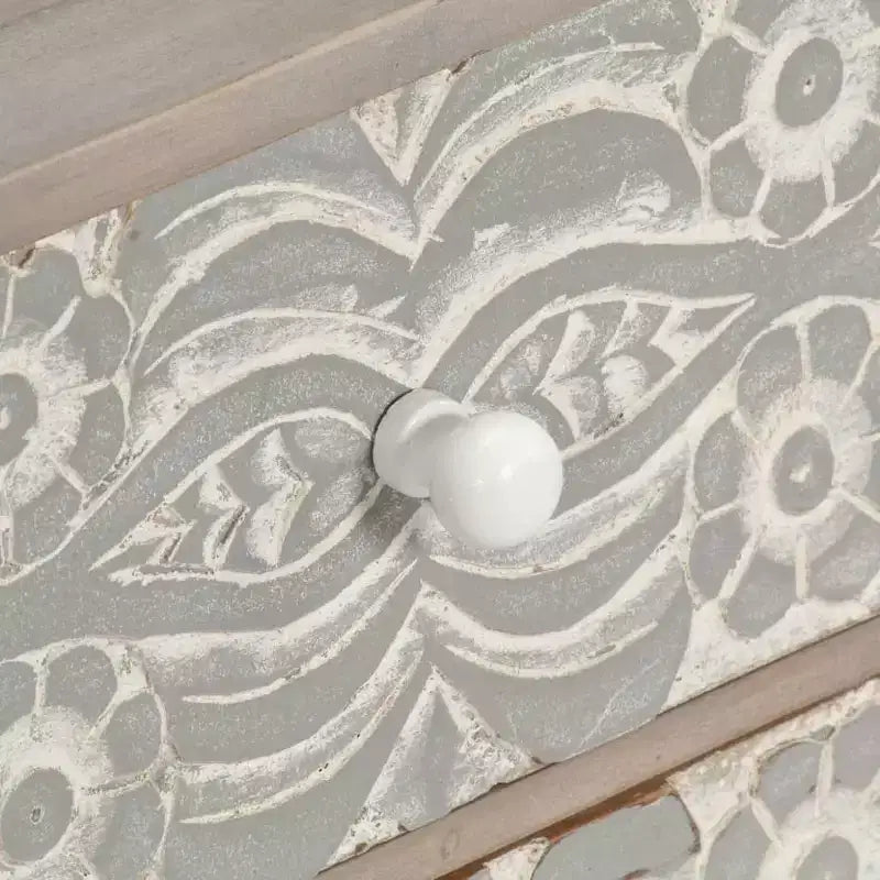 Meuble TV blanc et gris en bois d'acacia massif avec motifs sculptés à la main, 6 compartiments de rangement