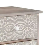 Meuble TV blanc et gris en bois d'acacia massif avec motifs sculptés à la main, 6 compartiments de rangement