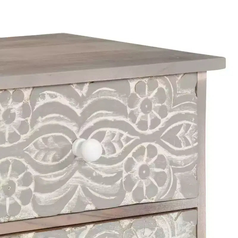 Meuble TV blanc et gris en bois d'acacia massif avec motifs sculptés à la main, 6 compartiments de rangement
