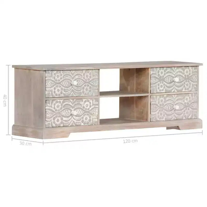 Meuble TV blanc et gris en bois d'acacia massif avec motifs sculptés à la main, 6 compartiments de rangement