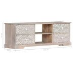 Meuble TV blanc et gris en bois d'acacia massif avec motifs sculptés à la main, 6 compartiments de rangement