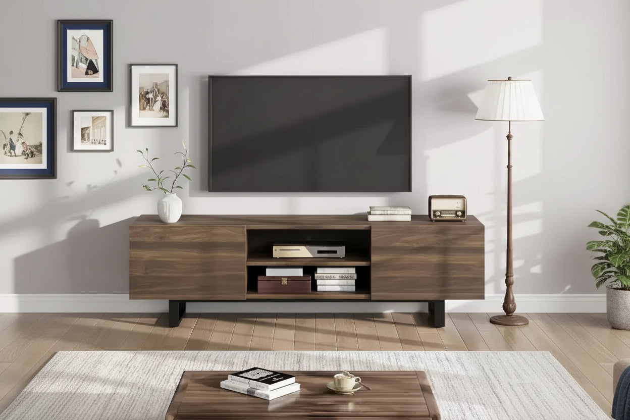 TV Stand for 75 Inch, Industrial Entertainment Center with 2 Drawers & Metal Support Leg, Wooden Media TV Console Table for Living Room, Bedroom
