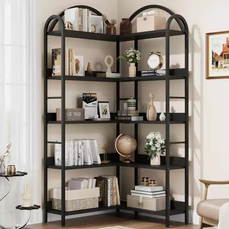 Corner Bookshelf Industrial Bookcase,L Shaped Bookshelf Arched 5 Tier Corner Shelf, Large Bookshelf With Metal Frame,Etagere Shelf Corner Display Rack