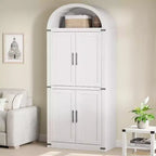 Bibliothèque arquée avec portes, armoire de présentation de style ferme de 71,4 pouces de haut, étagères de rangement profondes, accents en verre, étagère de présentation en bois pour la maison, blanc