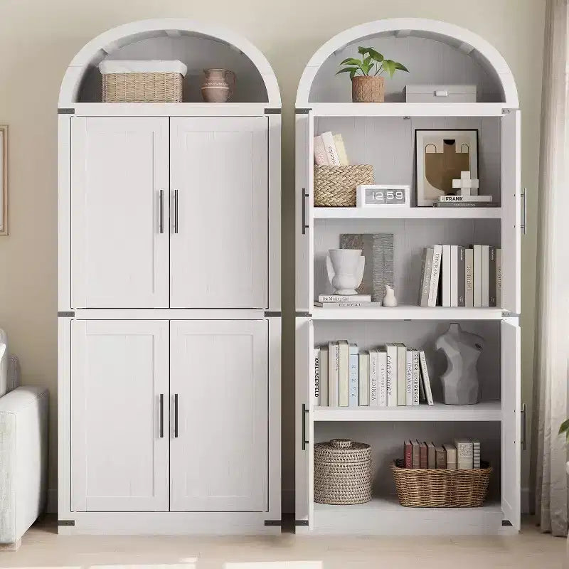 Bibliothèque arquée avec portes, armoire de présentation de style ferme de 71,4 pouces de haut, étagères de rangement profondes, accents en verre, étagère de présentation en bois pour la maison, blanc