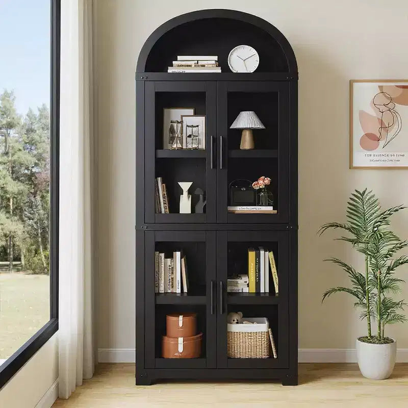Bibliothèque arquée avec portes, armoire de présentation de style ferme de 71,4 pouces de haut, étagères de rangement profondes, accents en verre, étagère de présentation en bois pour la maison, blanc