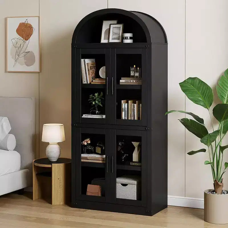 Bibliothèque arquée avec portes, armoire de présentation de style ferme de 71,4 pouces de haut, étagères de rangement profondes, accents en verre, étagère de présentation en bois pour la maison, blanc