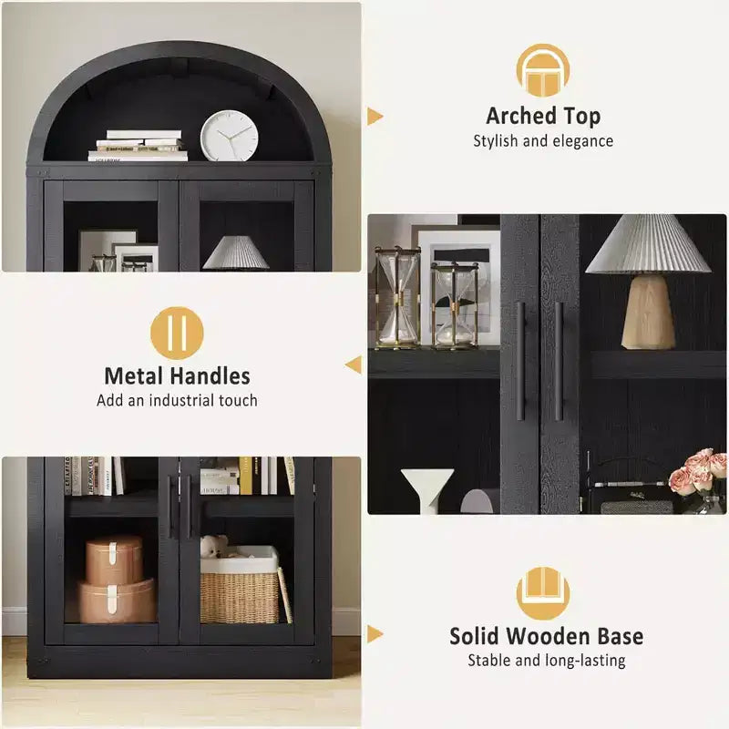 Bibliothèque arquée avec portes, armoire de présentation de style ferme de 71,4 pouces de haut, étagères de rangement profondes, accents en verre, étagère de présentation en bois pour la maison, blanc