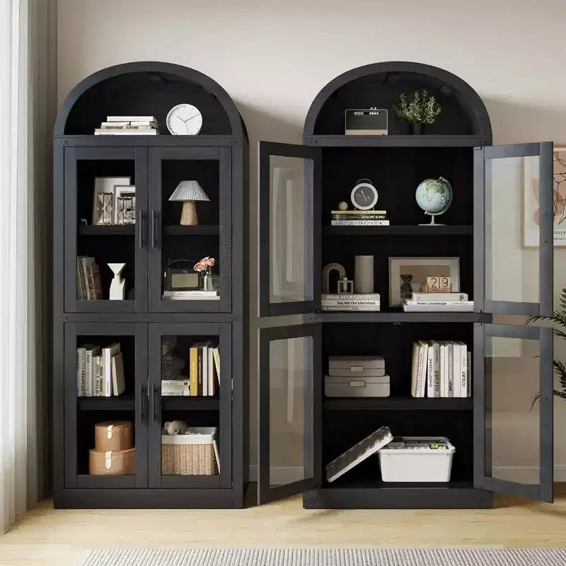 Bibliothèque arquée avec portes, armoire de présentation de style ferme de 71,4 pouces de haut, étagères de rangement profondes, accents en verre, étagère de présentation en bois pour la maison, blanc