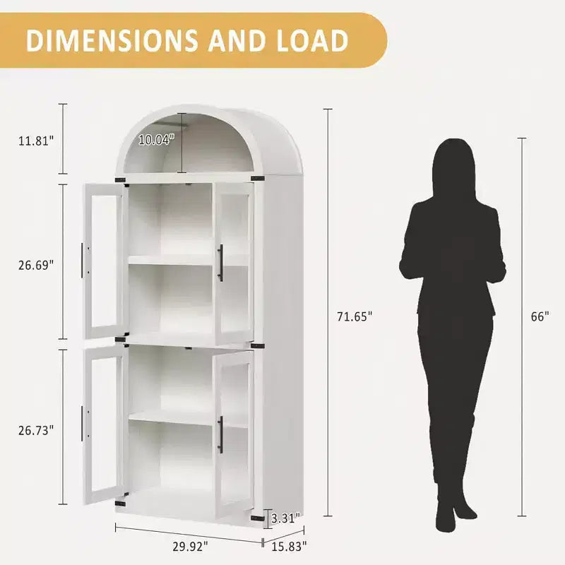 Bibliothèque arquée avec portes, armoire de présentation de style ferme de 71,4 pouces de haut, étagères de rangement profondes, accents en verre, étagère de présentation en bois pour la maison, blanc